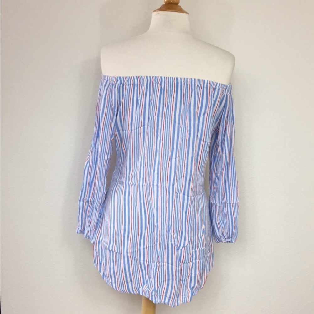Lucy Love Blue White Stripe Off Shoulder Balloon Sleeve Blouse Tunic Size Large - Picture 2 of 16